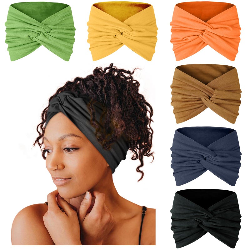 Tobeffect Extra Wide Turban Headbands for Women 7 Large Hairbands Boho Colorful Headband Twisted Knot Hair Accessories 6 Pack